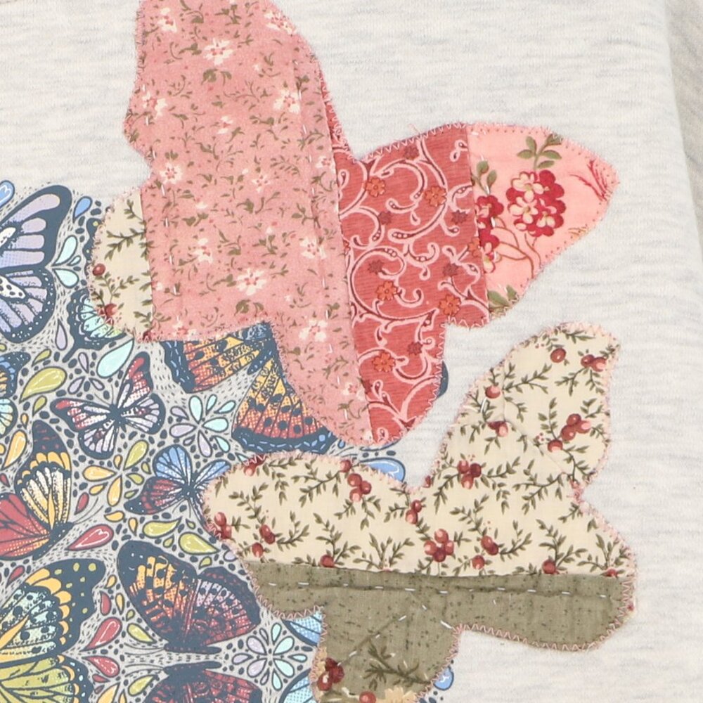 Upcycled Reworked Quilted Patch Butterfly Sweatshirt Light Gray - Picture 4 of 6